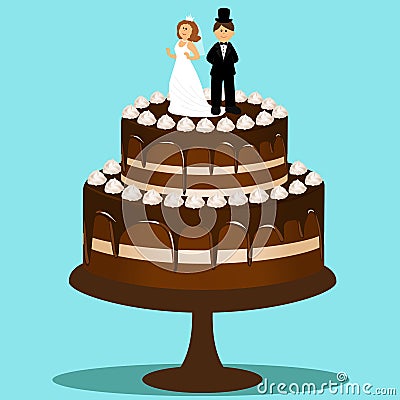 Wedding cake with bride and groom figurine. Bride and groom. Vector Illustration