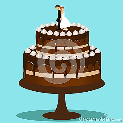 Wedding cake with bride and groom figurine. Vector Illustration