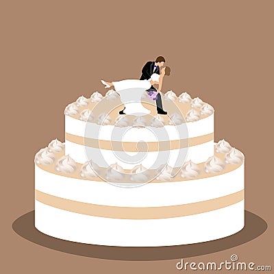 Wedding cake with bride and groom figurine. Vector Illustration
