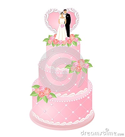 Wedding cake decorated cream roses and heart and bride and groom figurines married couple on top. Vector Illustration