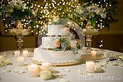 Wedding cake on the decorated table Stock Photo