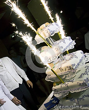 Wedding cake with fireworks Stock Photo