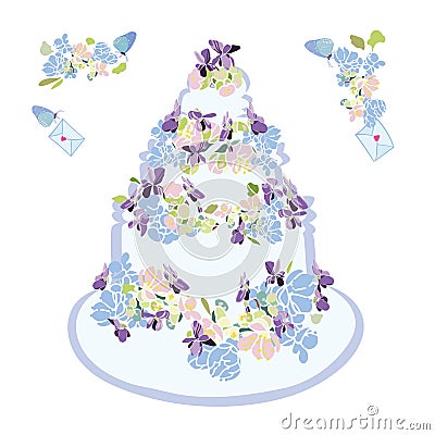 Wedding cake with flower and butterfly. Vector Illustration