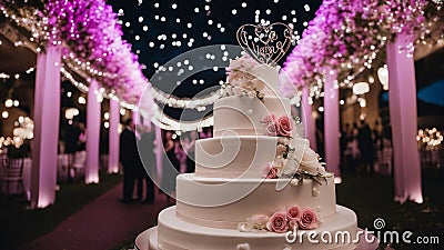 wedding cake with flowers A wedding cake at night with a beautiful party. The cake has four tiers and is decorated with white Stock Photo