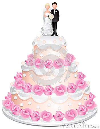 Wedding cake with the groom and bride Vector Illustration