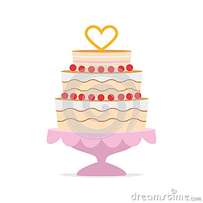 Wedding cake with a heart shape on top and a pink tray Vector Illustration