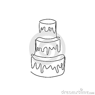 Wedding cake one line art. Continuous line drawing of three-tiered cake. Vector Illustration