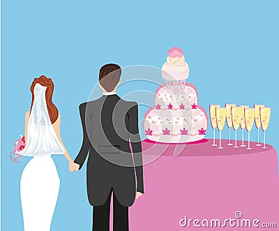 Wedding cake and a pair of honeymooners Vector Illustration