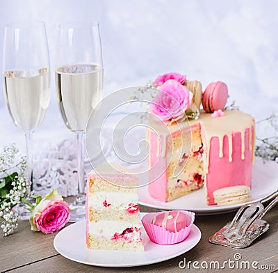 Wedding cake with pink frosting Stock Photo
