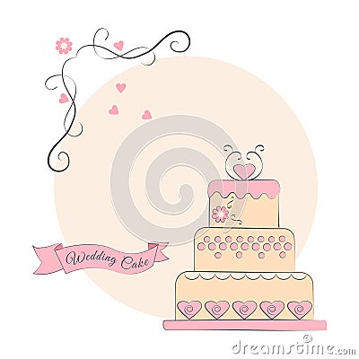 Wedding cake with ribbon on a pink background, vector Cartoon Illustration