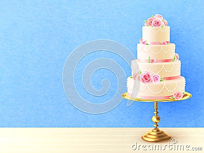 Wedding Cake With Roses Realistic Image Vector Illustration