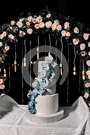 A wedding cake. Sweets. Wedding cake on a black background three floors with white mastic decorated with blue and blue orchids Stock Photo