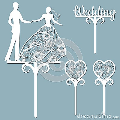 Wedding cake topper for laser or milling cut. Vector graphics. Patterns for cutting. Dance, flowers, dress Vector Illustration