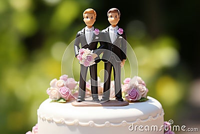 Wedding cake topper with two grooms, figurines of a gay couple. Gay marriage concept. Same-sex gay marriage, wedding sweets and Stock Photo