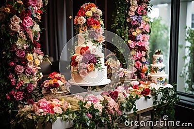 wedding cake tower with cascading florals and greenery Stock Photo