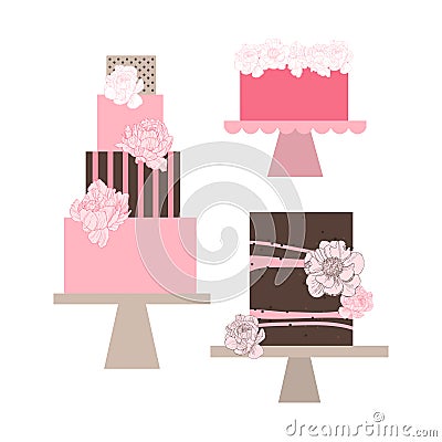 Wedding cakes with peonies. Vector illustration. Vector Illustration