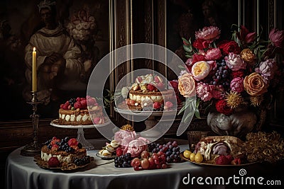 wedding cakes on the table, baroque, gourmet photography with flowers Stock Photo