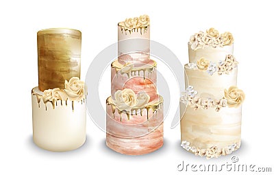 Wedding cakes Vector watercolor. Vintage delicious cakes sets Vector Illustration