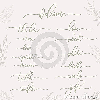 Wedding calligraphic inscriptions - welcome, the bar, table, cards, gifts, photo, booth Vector Illustration