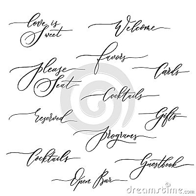 Wedding calligraphic inscriptions - welcome,open bar, please seat, reserved, gifts, cards, programs Vector Illustration