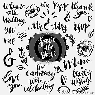 Wedding calligraphy and lettering. Ampersands and catchwords. Vector Illustration