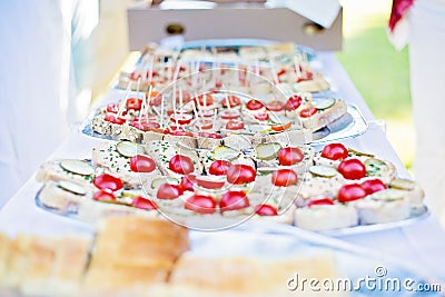 Wedding Canapes made of bread, spread,vegetable Stock Photo