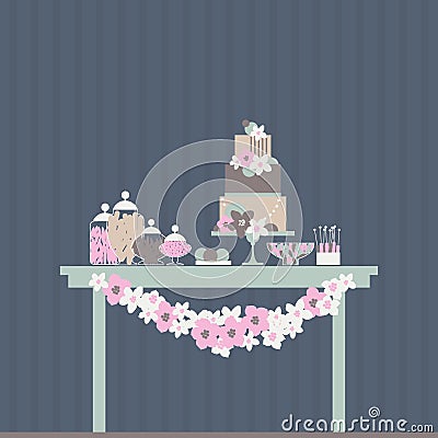 Wedding candy bar with cake and flowers. Vector Illustration