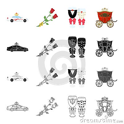 Wedding car, rose flowers, groom and bride decorations, retro coach. Wedding set collection icons in cartoon black Vector Illustration