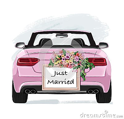 Wedding car. Stylish pink car with wedding decoration. Just married board with flowers. Stock Photo