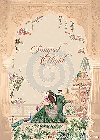 Mughal Wedding Invitation Card. Sangeet night invitation card design for printing vector illustration. Vector Illustration