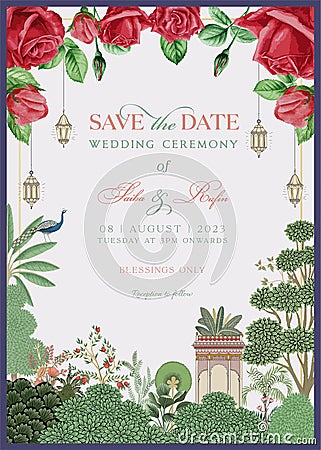 Traditional Indian Mughal wedding invitation card design. Vector Illustration