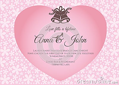 Wedding card - bell and text in pink heart on flower abstract background vector template design Vector Illustration