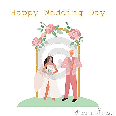 Wedding card with the bride and groom in the arch with flowers Vector Illustration