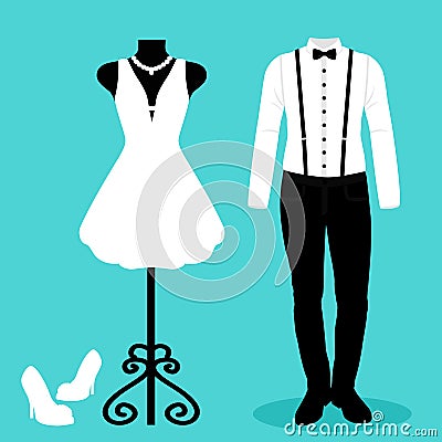 Wedding card with the clothes of the bride and groom. Wedding se Vector Illustration