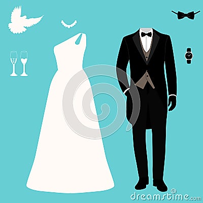 Wedding card with the clothes of the bride and groom. Vector Illustration