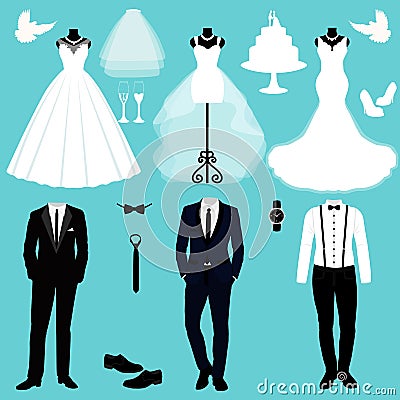 Wedding card with the clothes of the bride and groom. Vector Illustration