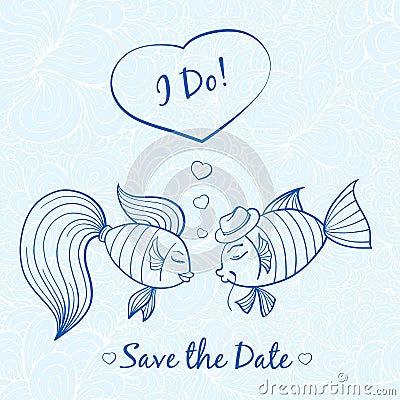 Wedding card with cute fishes Vector Illustration