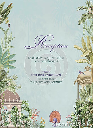 Mughal Wedding Reception Invitation card design. Invitation card for reception or wedding printing. Vector Illustration