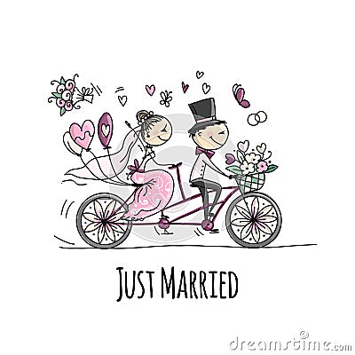 Wedding card design. Bride and groom riding on bicycle Vector Illustration