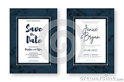 Wedding card design with golden frames and marble texture. Save the date. Wedding invitation and announcement Vector Illustration