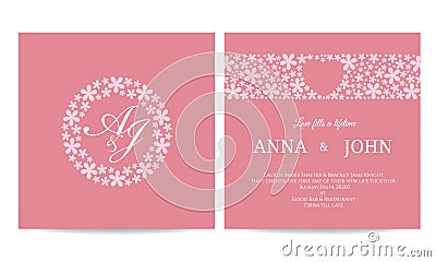 Wedding card - name text in flower circle frame and heart in flower line on pink background vector template design Vector Illustration