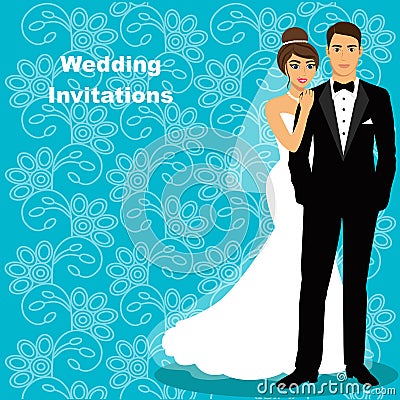 Wedding card with the newlyweds. Vector Illustration