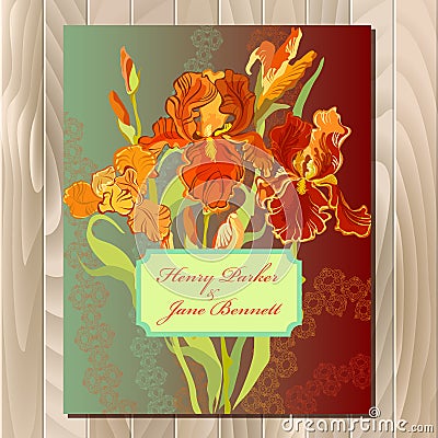 Wedding card with red iris flower wreath background. Vector illustration Vector Illustration