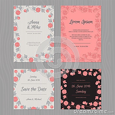 Wedding card set with flower. Grey, pink and black color. Vector Illustration