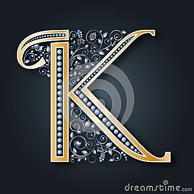 Wedding card. Vector letter K. Golden alphabet on a dark background. A graceful heraldic symbol. The initials of the monogram. Vector Illustration
