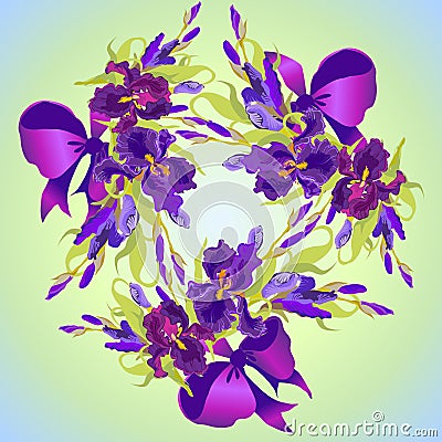 Wedding card with violet iris flower wreath background. Vector illustration Vector Illustration