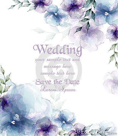 Wedding card with watercolor blue flowers Vector illustrations Vector Illustration