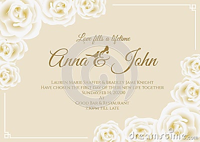 Wedding card - white rose floral frame and soft yellow cream background vector template design Stock Photo