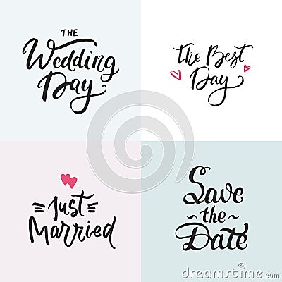 Wedding cards collection with handdrawn lettering. Phrase for wedding invitations. Vector Illustration