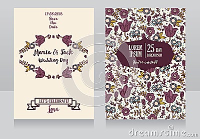 Wedding cards with folkloric flowers Vector Illustration